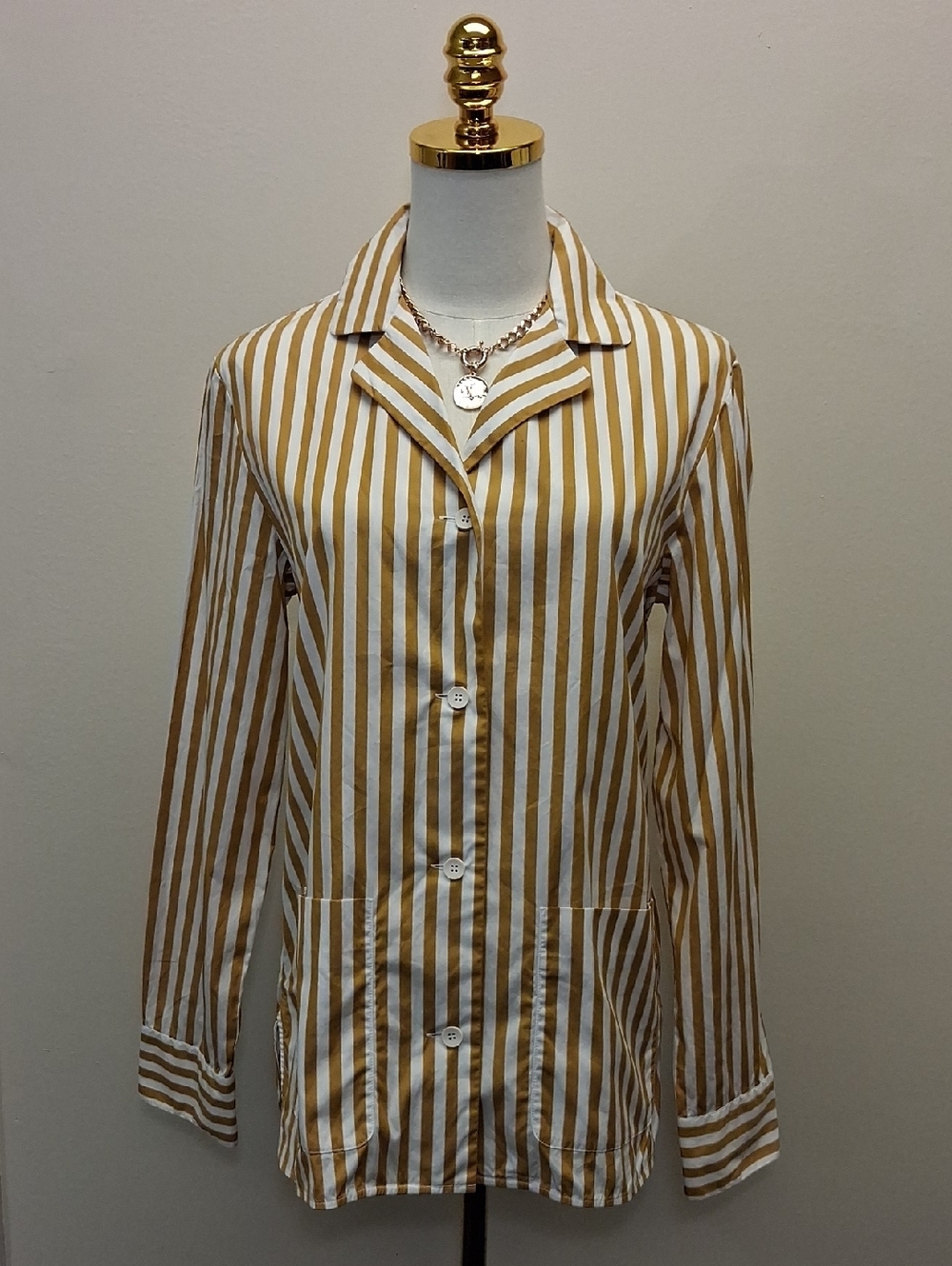 MaxMara Mustard White Striped Button Up Shirt Jacket Size 8
